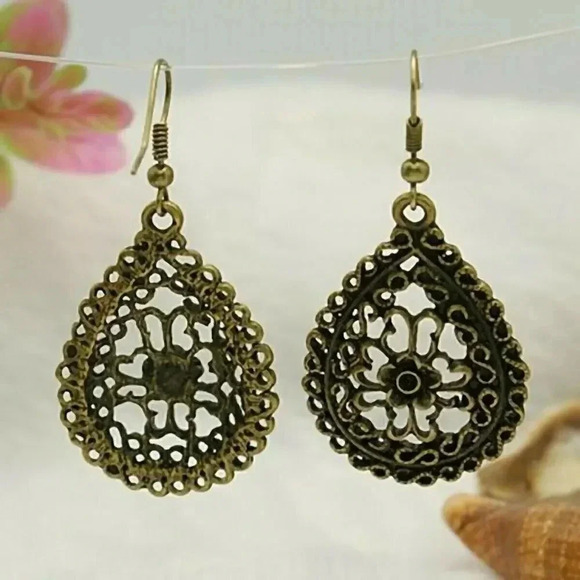 Antique Brass Steampunk Victorian Filigree Teardrop Carved Flower Earrings - Picture 2 of 2